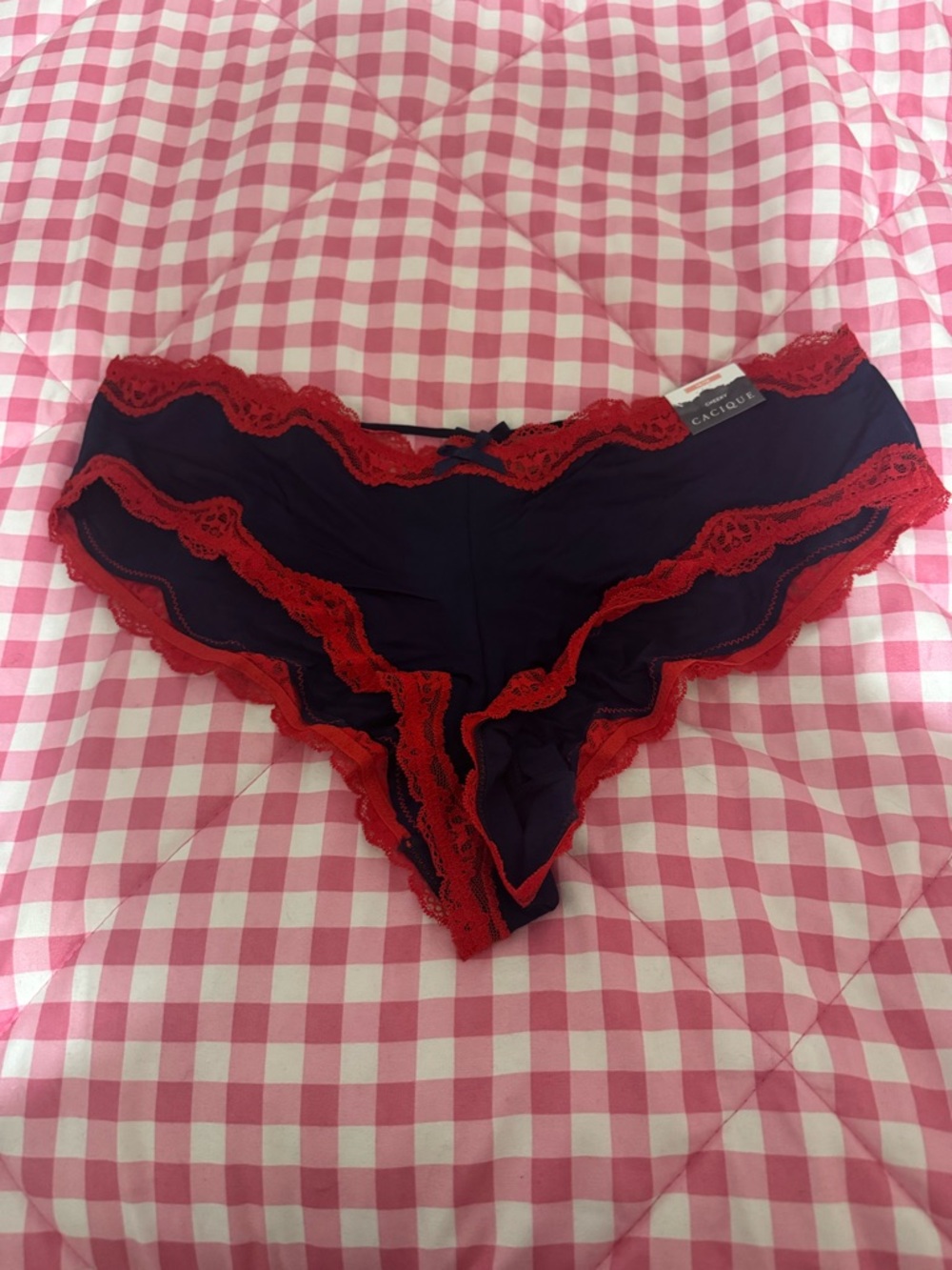 Cacique Navy Bikini Panty with Red Lace Trim